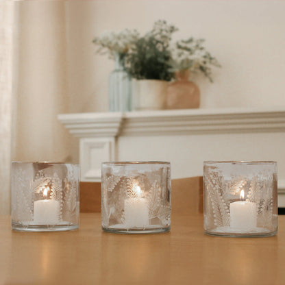 Handcrafted Leafing Etched Glass Candleholders, Set of 3