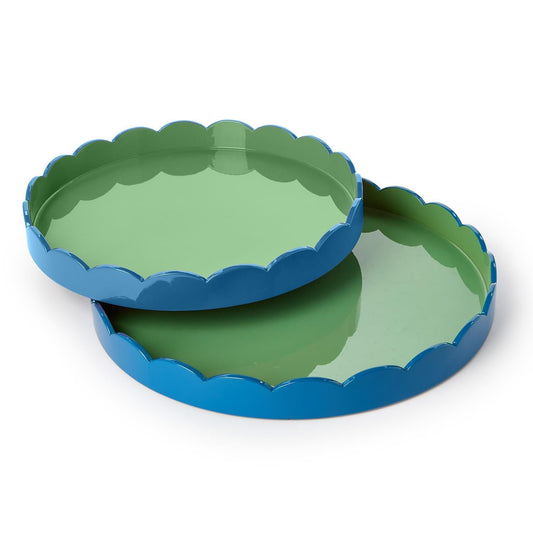 Scalloped Blue and Green Dual Tone Lacquered Trays, Set of 2