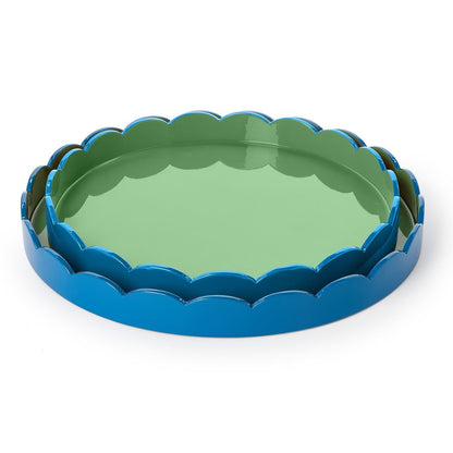 Scalloped Blue and Green Dual Tone Lacquered Trays, Set of 2