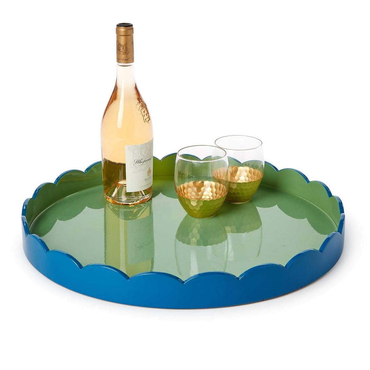 Scalloped Blue and Green Dual Tone Lacquered Trays, Set of 2