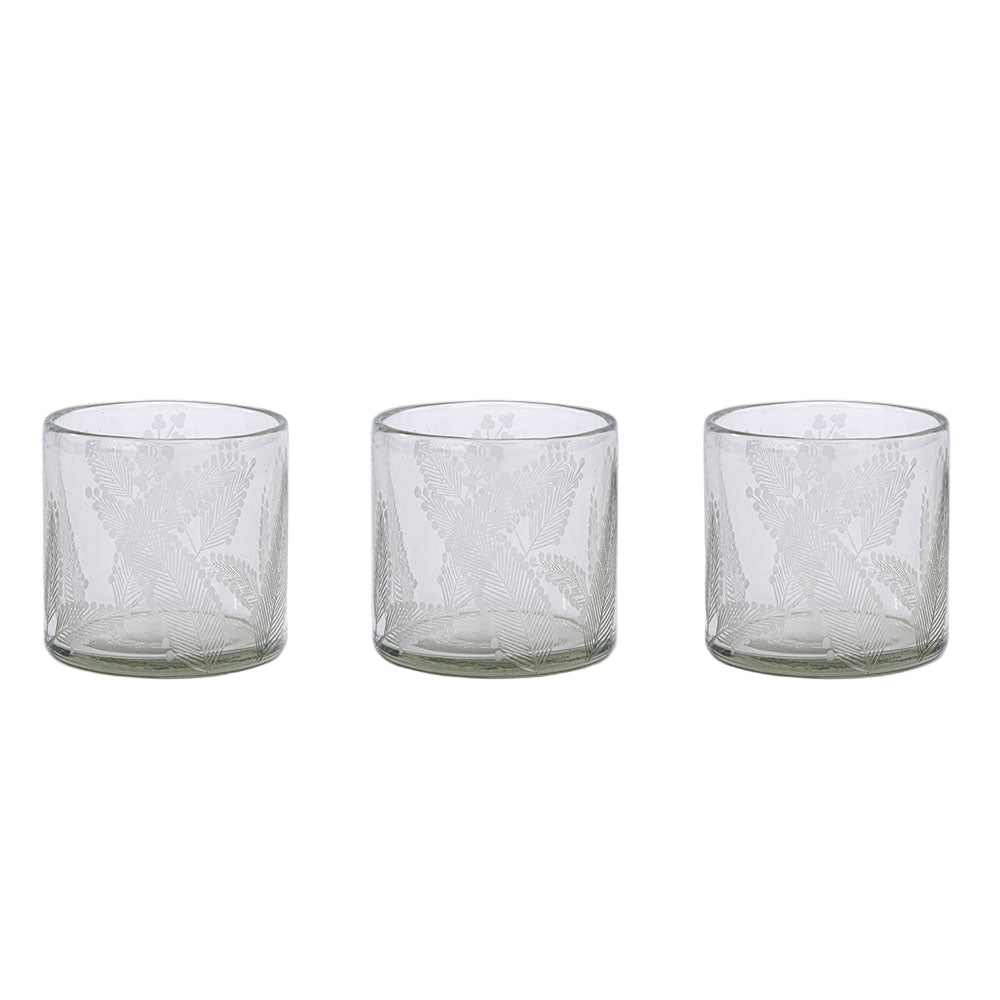 Handcrafted Leafing Etched Glass Candleholders, Set of 3