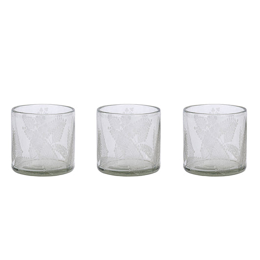 Handcrafted Leafing Etched Glass Candleholders, Set of 3