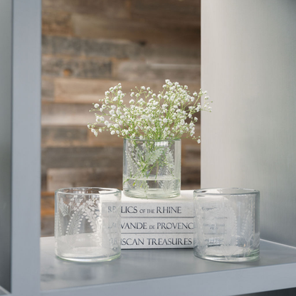 Handcrafted Leafing Etched Glass Candleholders, Set of 3
