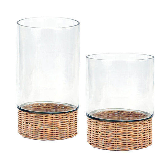 Handcrafted Clear Glass and Natural Rattan Candleholder
