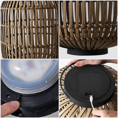 Nara 20.5" Modern Global Faux Rattan Integrated Indoor/Outdoor LED Solar Powered Lantern