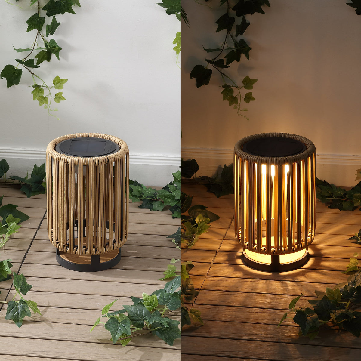 Sawara Modern Minimalist Faux Rattan Integrated Indoor/Outdoor LED Solar Powered Lantern