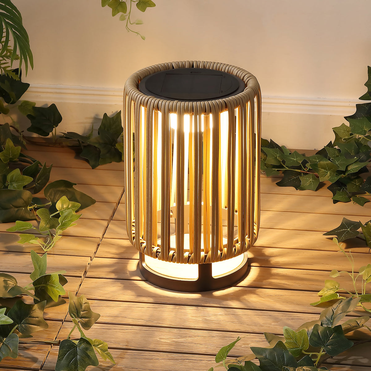 Sawara Modern Minimalist Faux Rattan Integrated Indoor/Outdoor LED Solar Powered Lantern