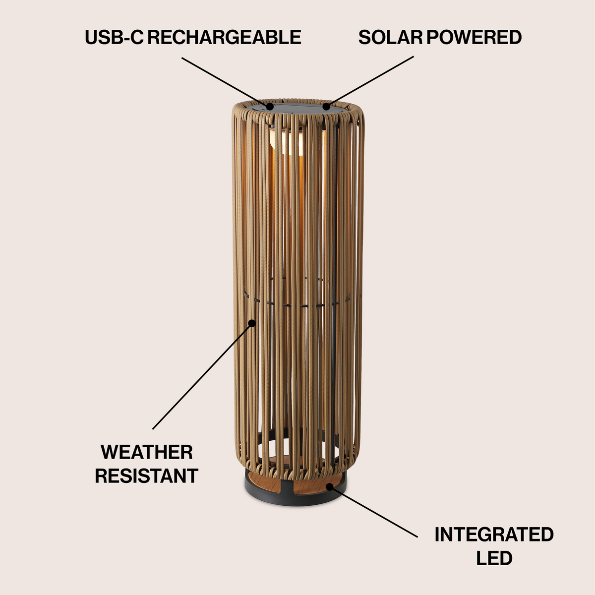 Sawara Modern Minimalist Faux Rattan Integrated Indoor/Outdoor LED Solar Powered Lantern