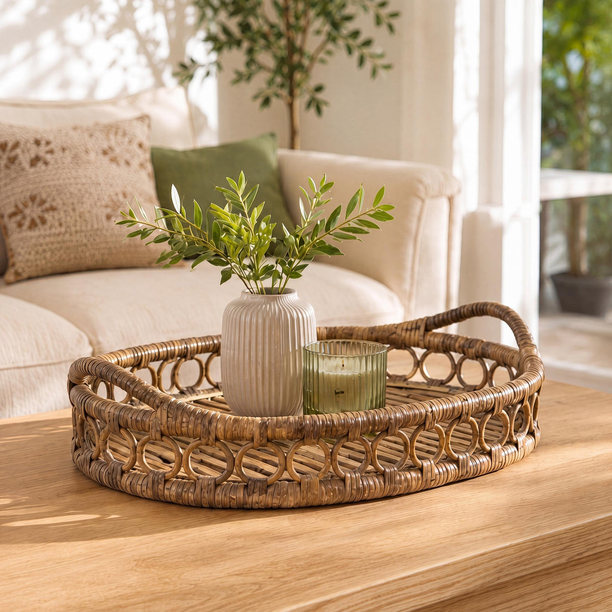 Cassini Handcrafted Rattan Oval Decorative Tray with Handles