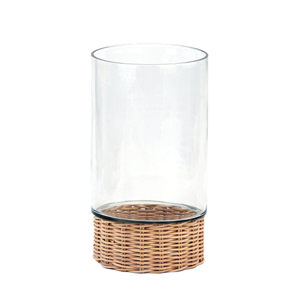 Handcrafted Clear Glass and Rattan Candleholder, 13 in