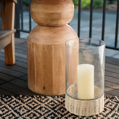 Handcrafted Clear Glass and Rattan Candleholder, 13 in