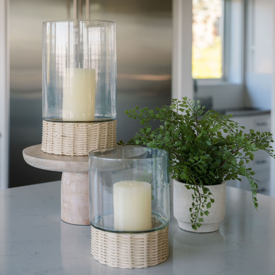 Handcrafted Clear Glass and Rattan Candleholder, 13 in